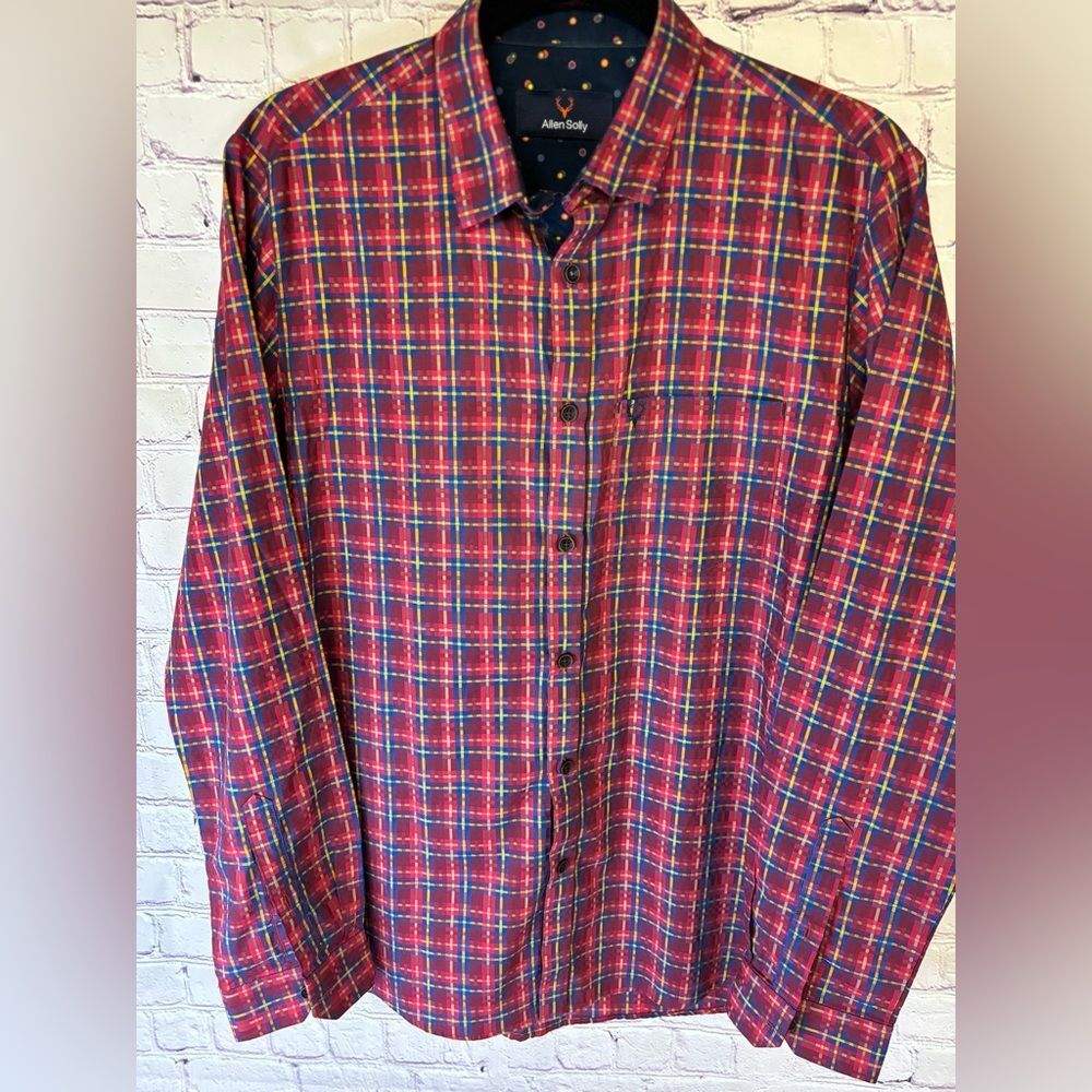 Allen Solly EU 39 Blue Red Sport Fit Long Sleeve Button Front Flip Cuff US M